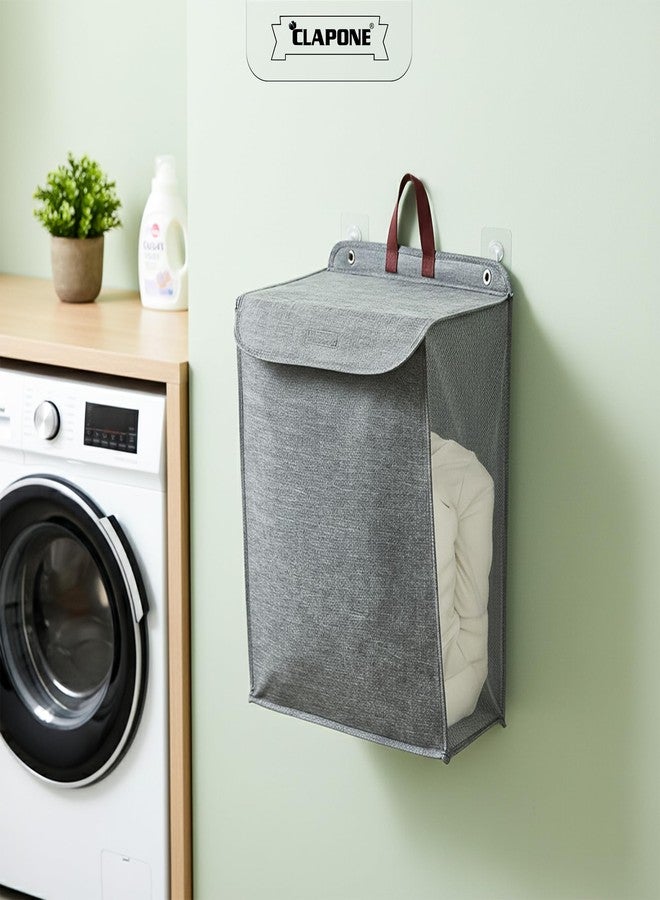 CLAPONE Wall Hanging Laundry Basket Collapsible Laundry Hamper with Handle & Laundry Balls Foldable Space-Saving Dirty Clothes Organizer for Bathroom & Bedroom (Grey, Large) - Image 3